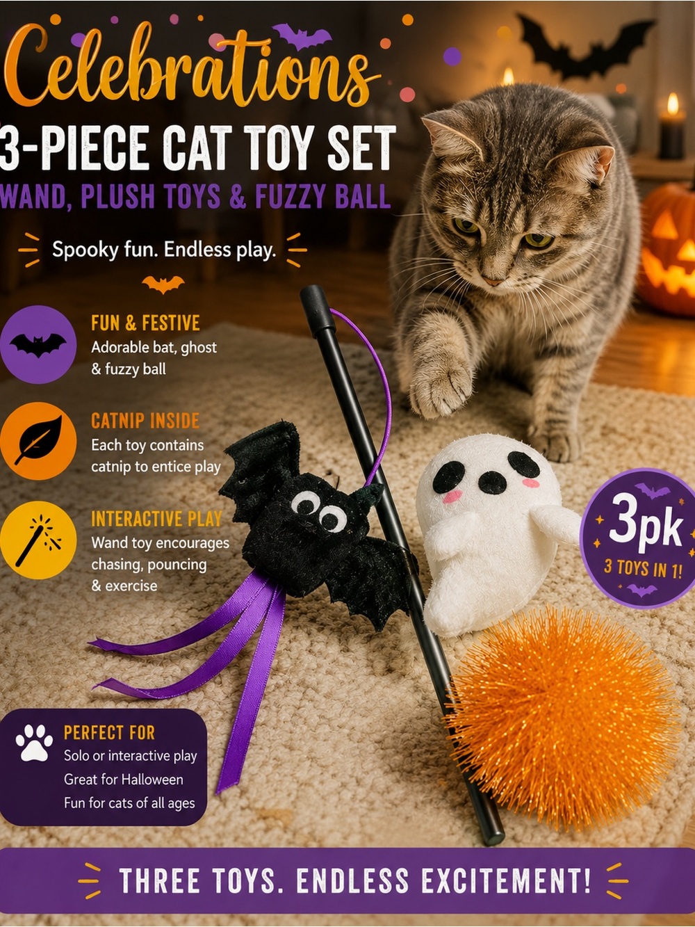 Celebrate It Halloween 3-Piece Cat Toy Set – Black, Purple, White, Orange
